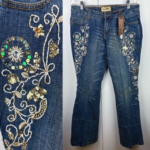 Vintage y2k Embellished Boot Cut Jeans with Embroidered Sequin Floral Accents